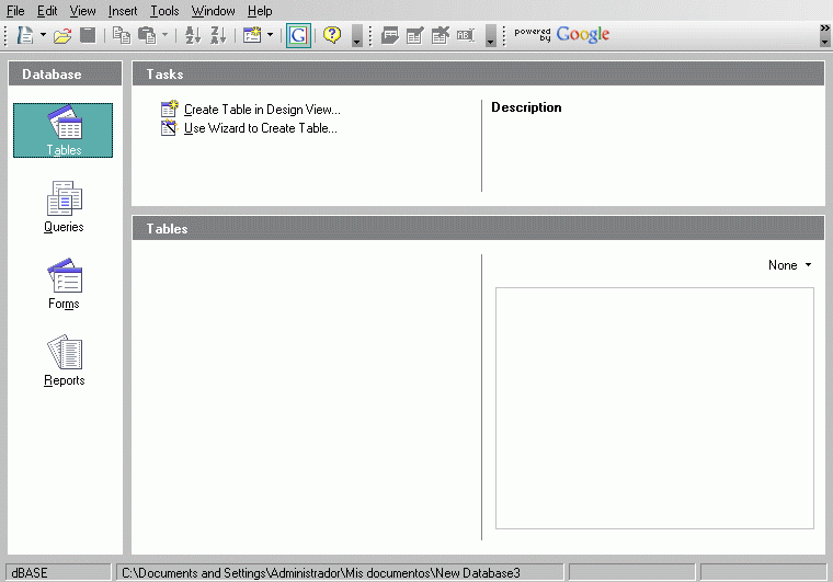 Database initial window