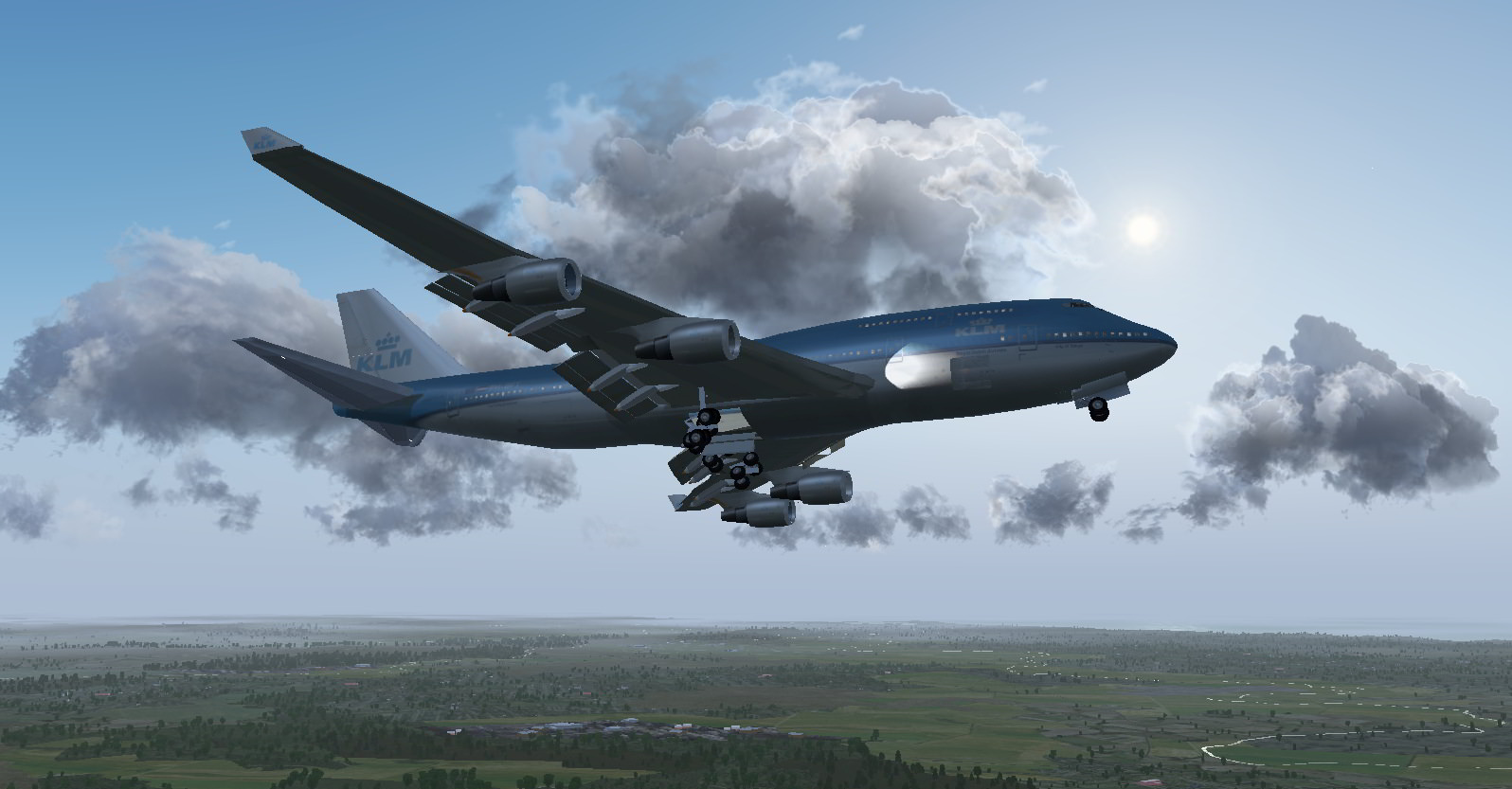Airliner and clouds with silver linings in FlightGear 2018