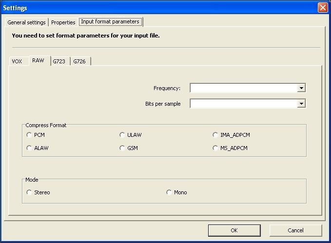 Settings Window - Input Format Parameters