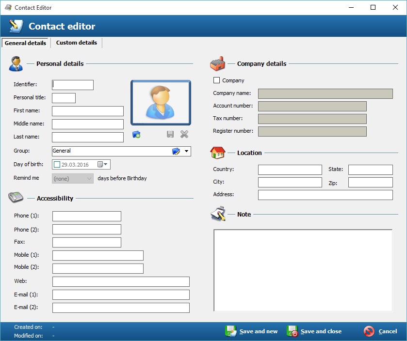 Contact Editor screen