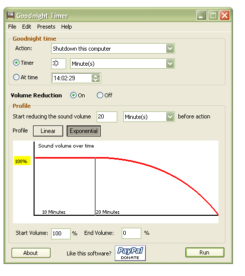 Exponential reducing of the sound volume