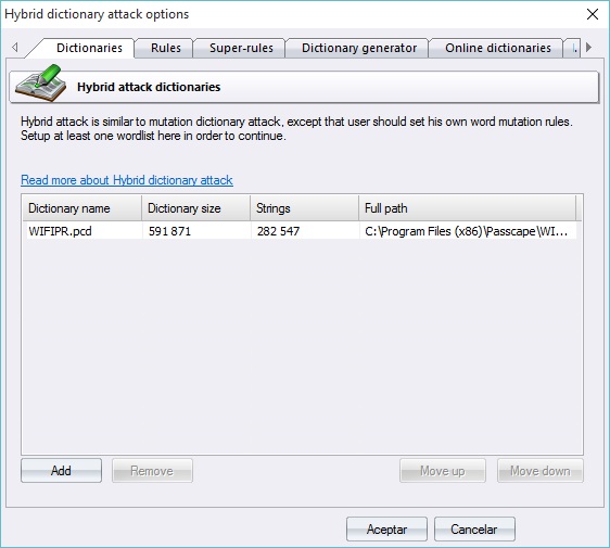 Hybrid dictionary attack options