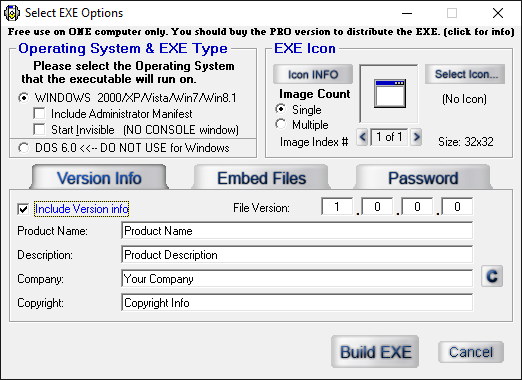 EXE Building Options