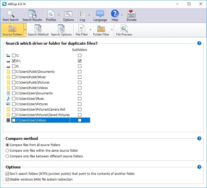 Selecting Source Folders