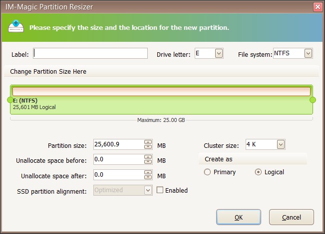 Partition Creation Window
