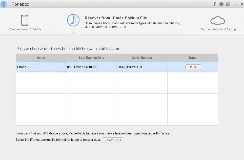 Selecting iTunes Backup File