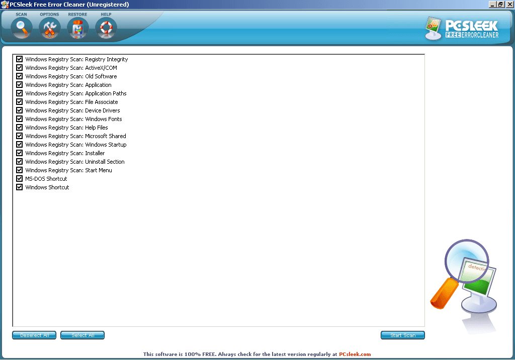 PCSleek Free Error Cleaner - Scanning Settings