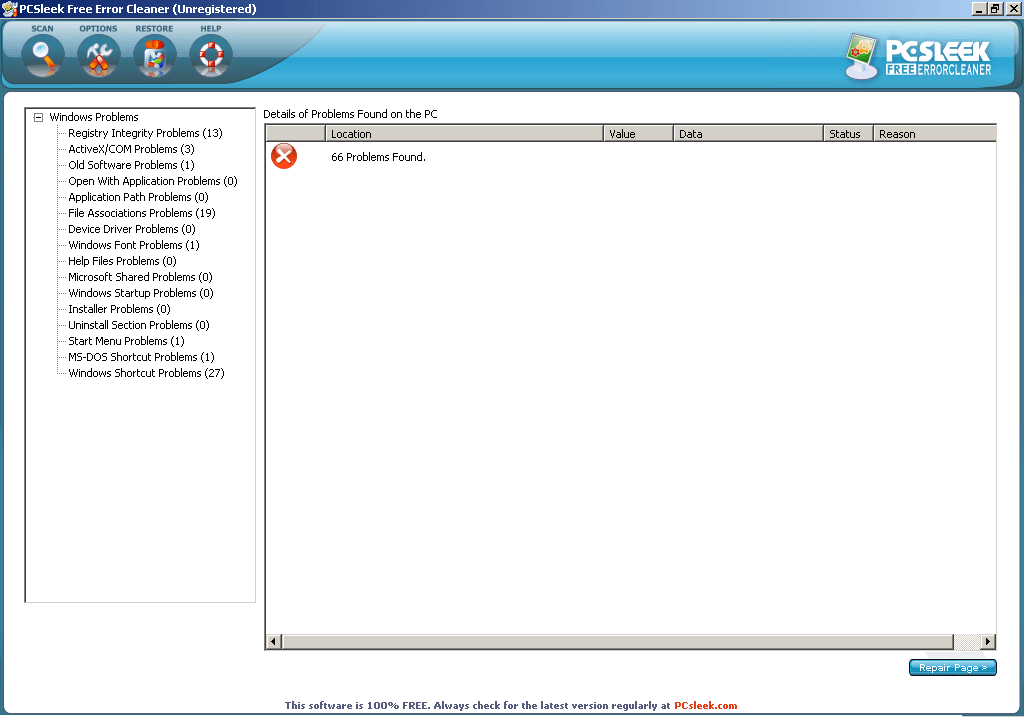 PCSleek Free Error Cleaner - Errors Found