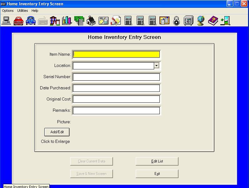 Home inventory entry screen 
