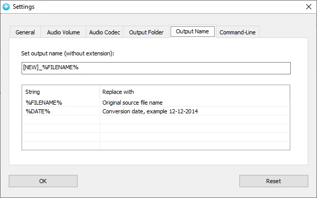 Output Name Settings