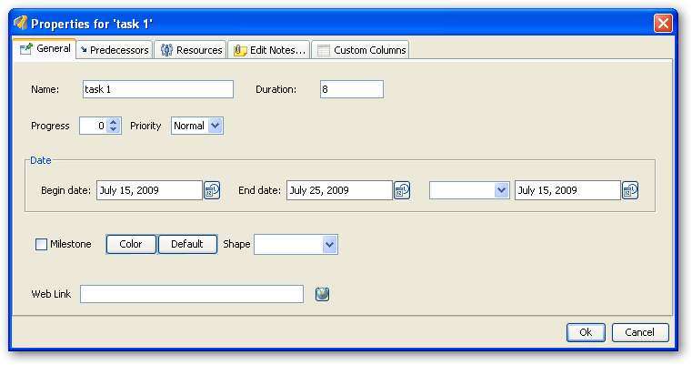 Task properties window