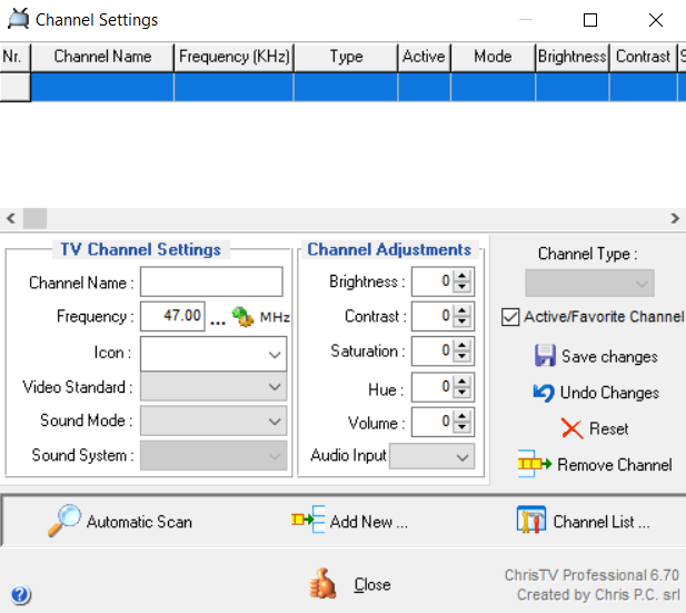 Channel settings window