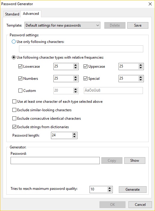 Advanced Password Generator Settings