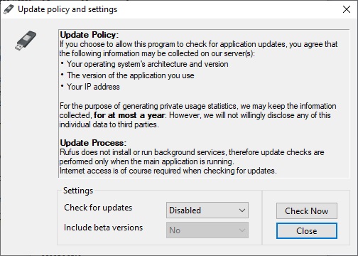 Update Policy and Settings