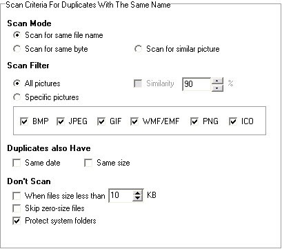 Scan criteria for duplicate picture files