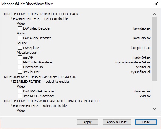 DirectShow 64-bit Filters Manager