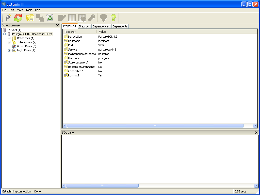 PdAdmin III showing postgreSQL DB