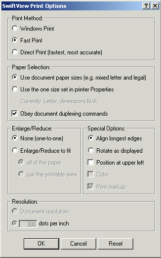 Print options screen