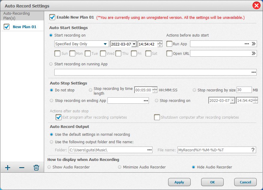 Auto recording settings