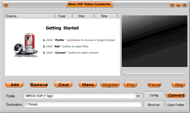 3GP video converter window.