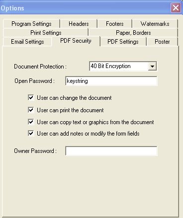 PDF encryption menu