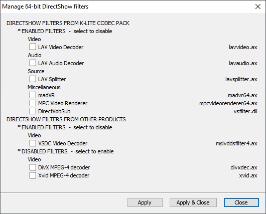 64-bit DirectoShow Filters Manager