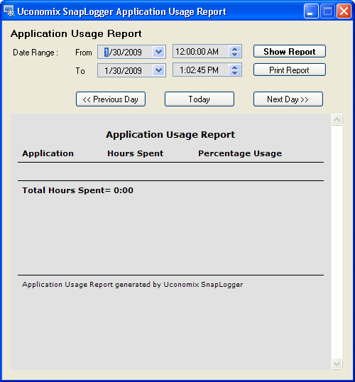 Application Usage Report window