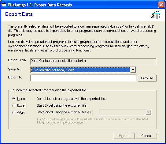 Export Data Records Screen