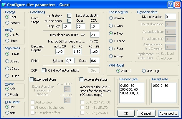 Configure dive parameters