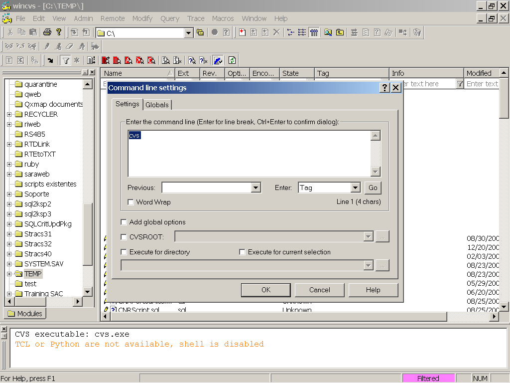 Command line settings window