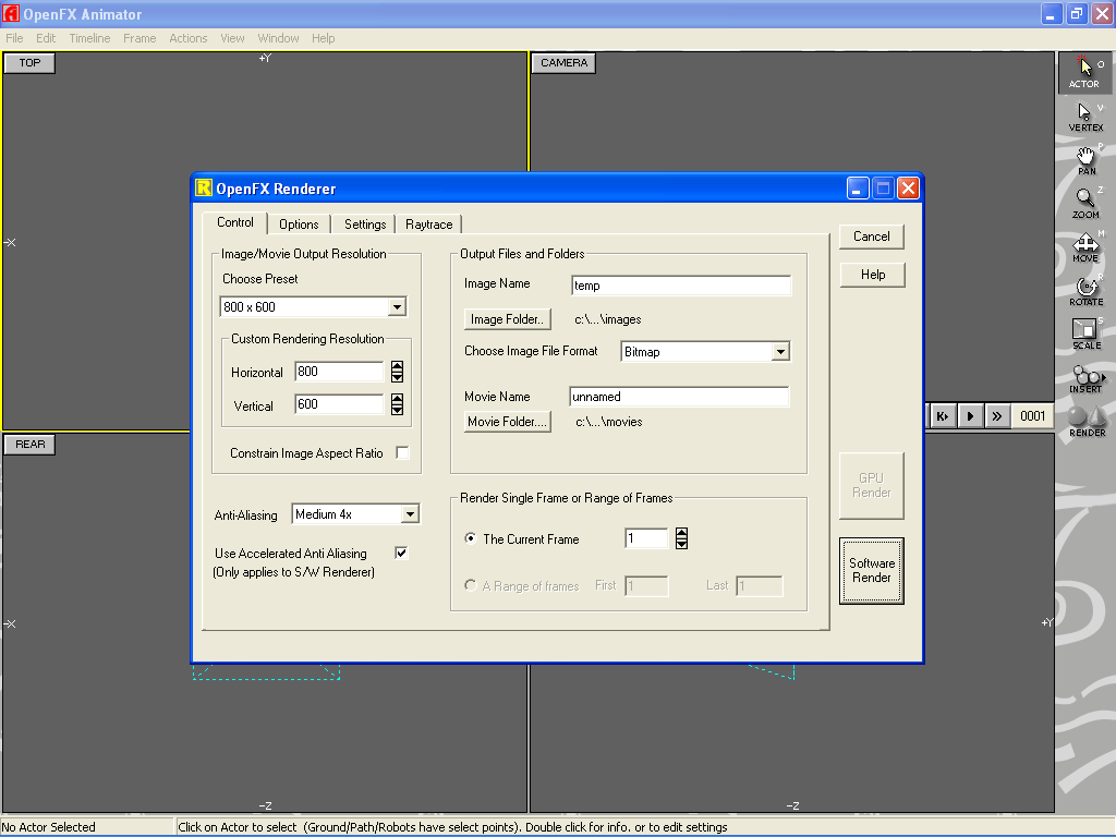 Animator renderer setup window