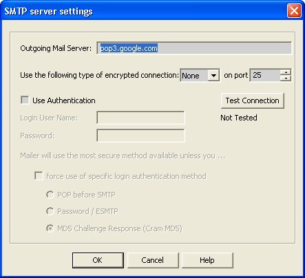 SMTP Server Settings Window