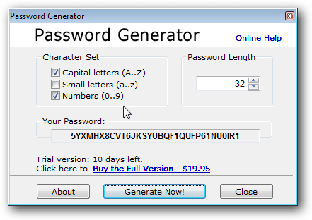 Generating a password mixing capital letters and numbers of 32 characters length.