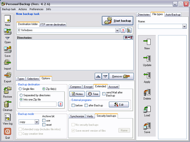 Personal Backup output options